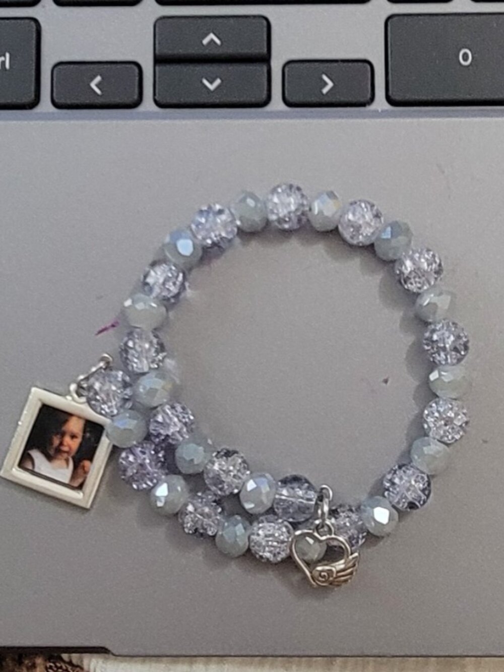 Pretty Grey and Clear Beads with a Locket Charm and Silver Heart